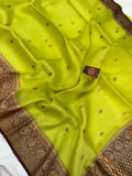 Parrot Green Banarasi Handloom Kora Silk Saree - Aura Benaras