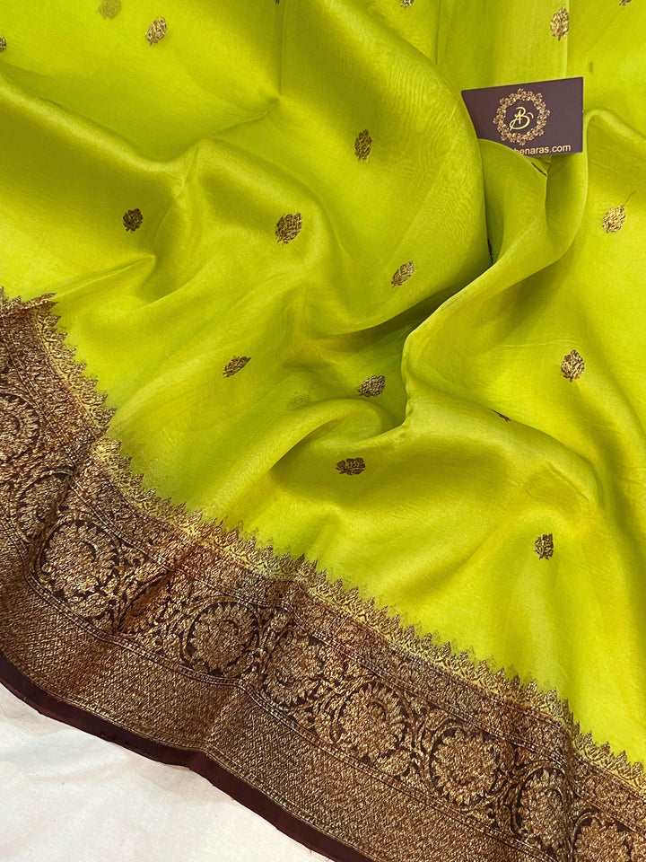 Parrot Green Banarasi Handloom Kora Silk Saree - Aura Benaras