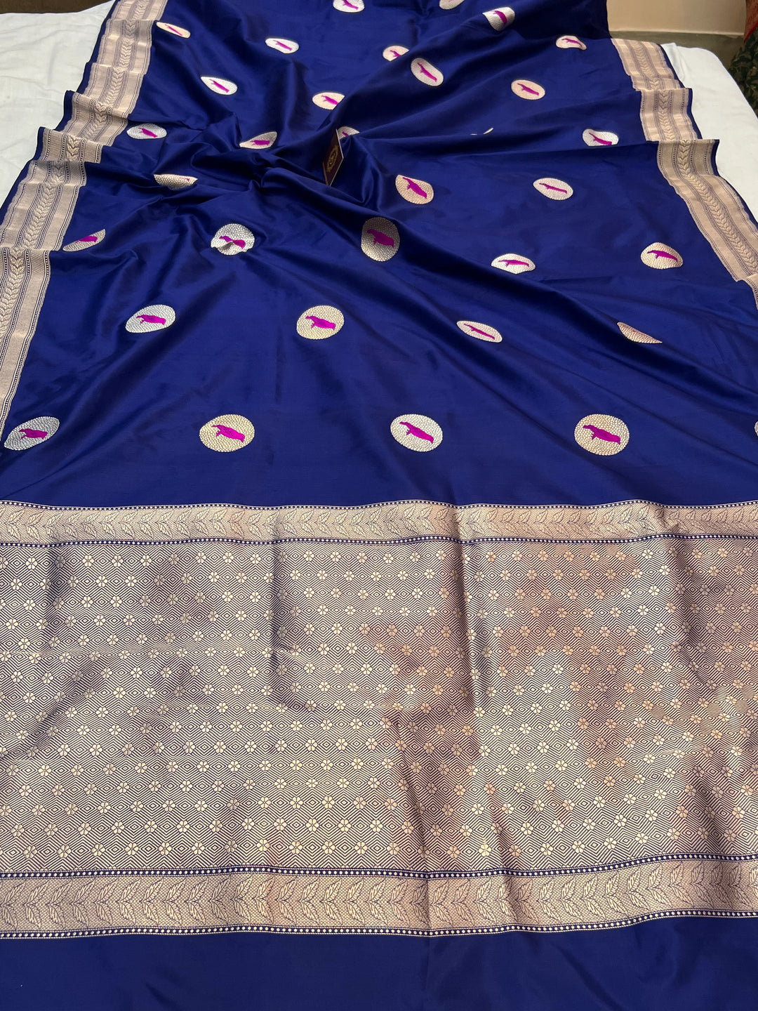 Navy Blue Pure Katan Silk Handloom Banarasi Saree – Aura Benaras