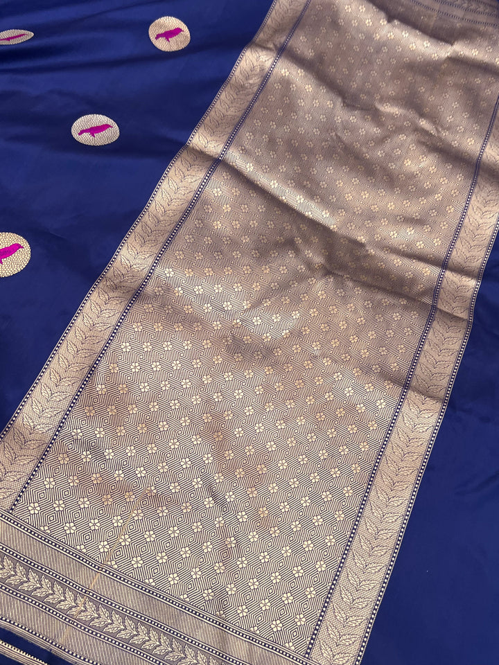 Navy Blue Pure Katan Silk Handloom Banarasi Saree – Aura Benaras