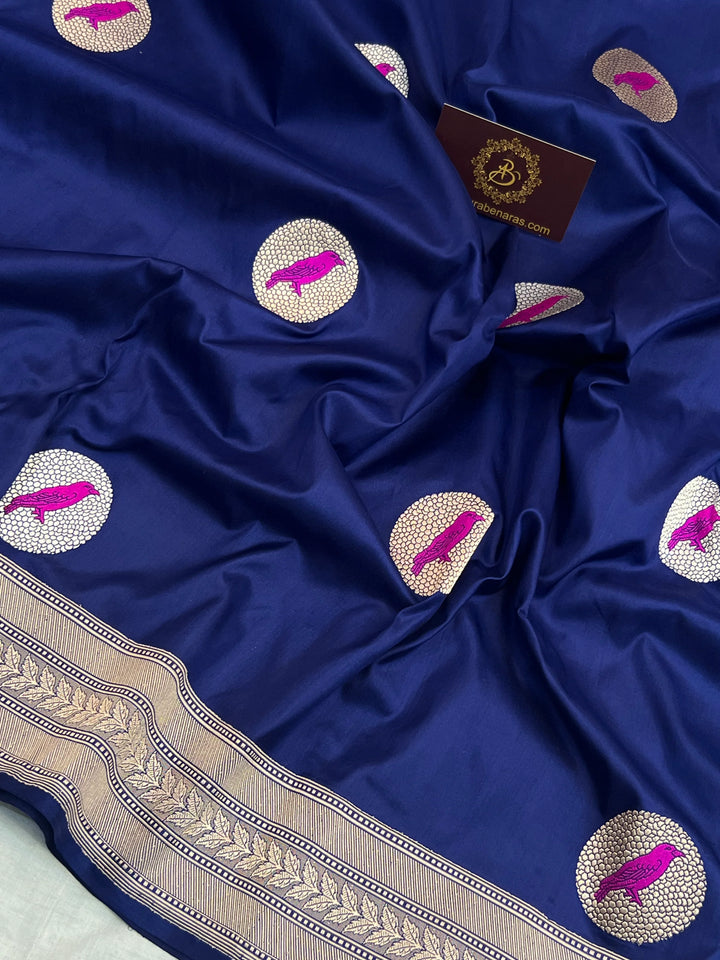 Navy Blue Pure Katan Silk Handloom Banarasi Saree – Aura Benaras