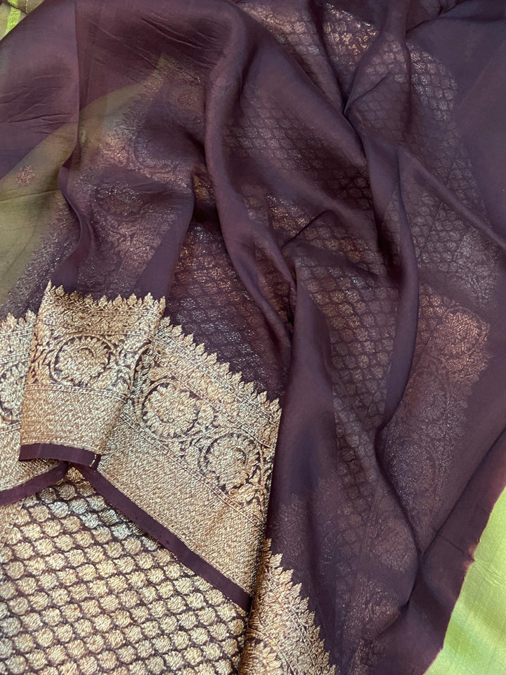 Parrot Green Banarasi Handloom Kora Silk Saree - Aura Benaras