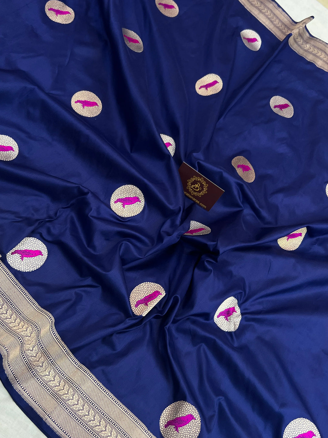 Navy Blue Pure Katan Silk Handloom Banarasi Saree – Aura Benaras