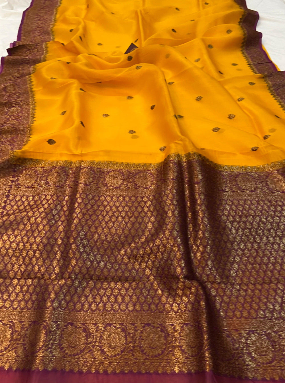 Mustard Yellow Banarasi Handloom Kora Silk Saree - Aura Benaras