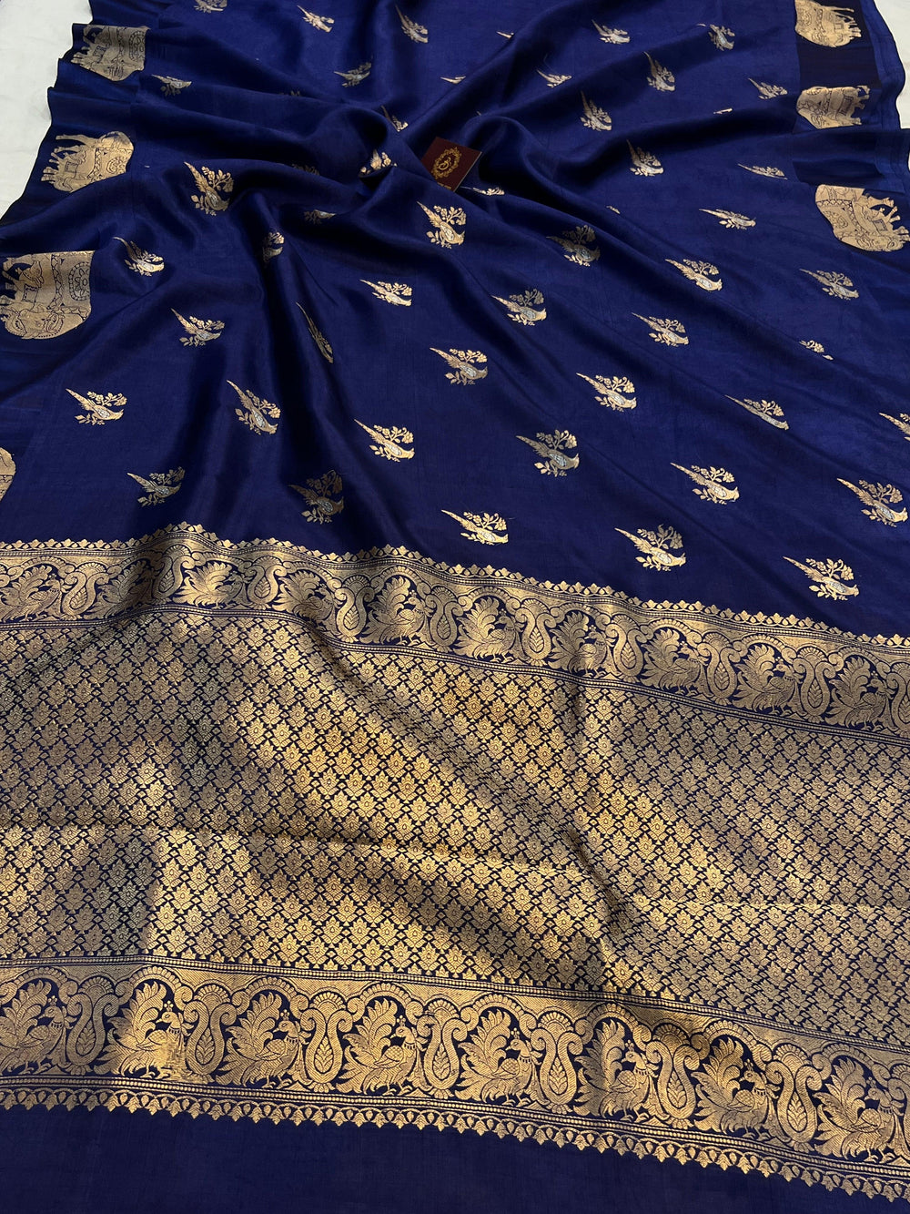 Navy Blue Pure Banarasi Handloom Silk Saree - Aura Benaras