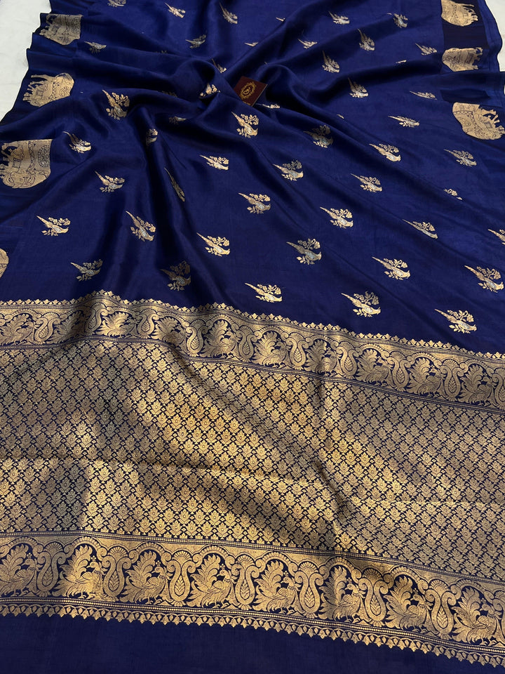 Navy Blue Pure Banarasi Handloom Silk Saree - Aura Benaras