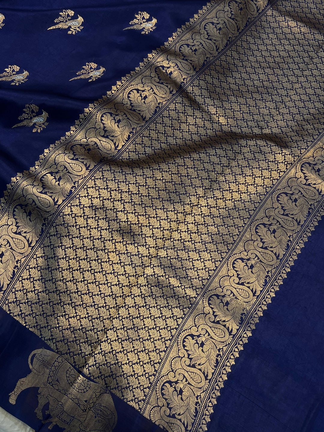 Navy Blue Pure Banarasi Handloom Silk Saree - Aura Benaras