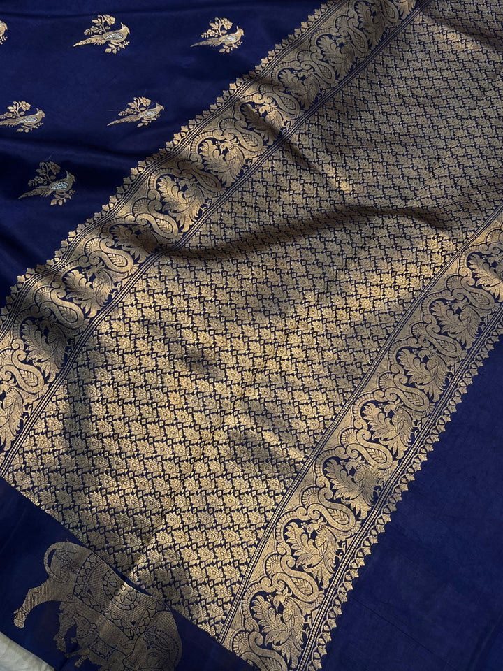 Navy Blue Pure Banarasi Handloom Silk Saree - Aura Benaras