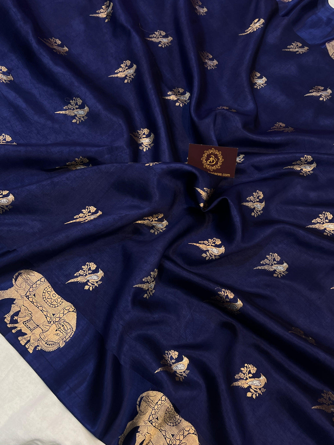 Navy Blue Pure Banarasi Handloom Silk Saree - Aura Benaras