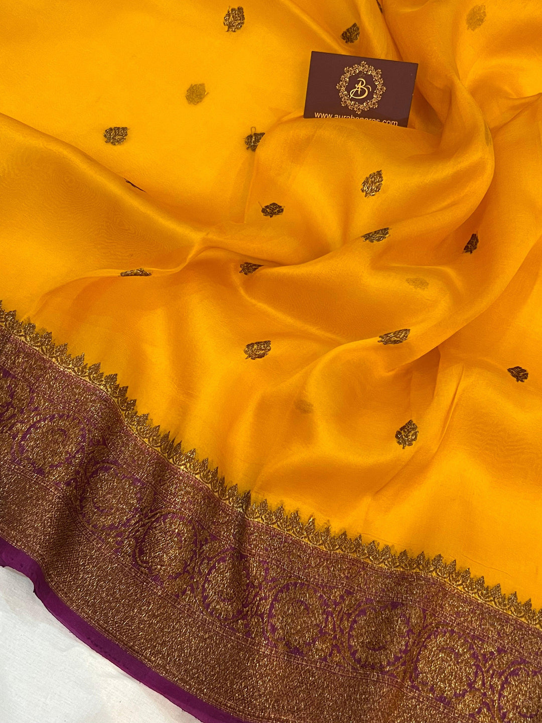 Mustard Yellow Banarasi Handloom Kora Silk Saree - Aura Benaras