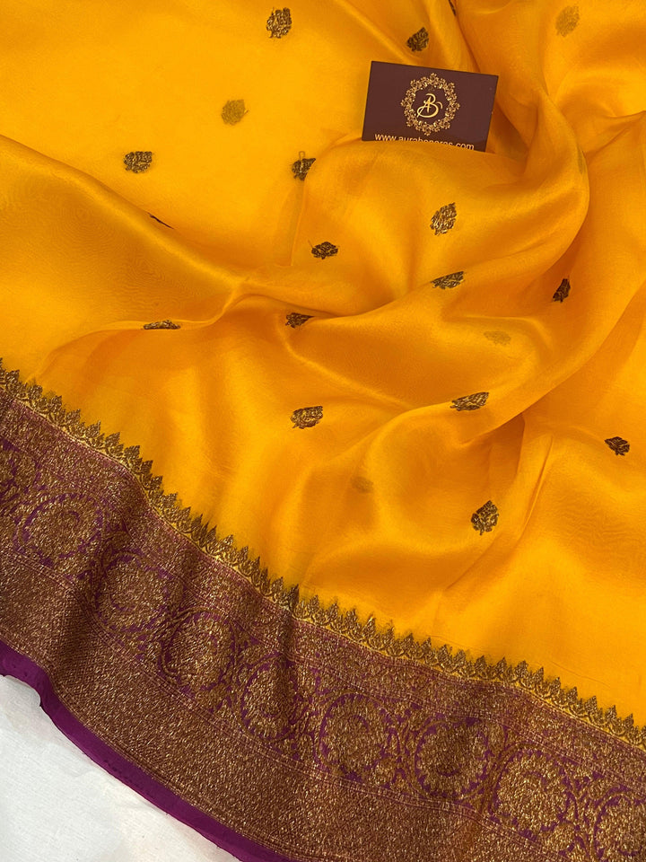 Mustard Yellow Banarasi Handloom Kora Silk Saree - Aura Benaras