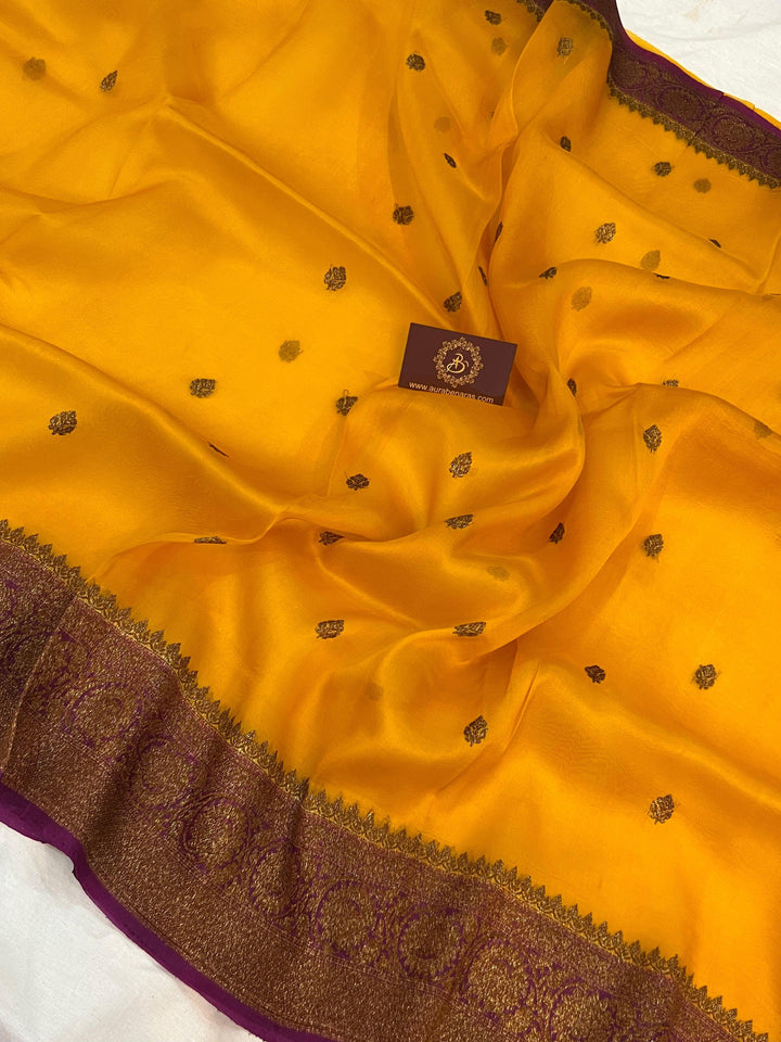 Mustard Yellow Banarasi Handloom Kora Silk Saree - Aura Benaras