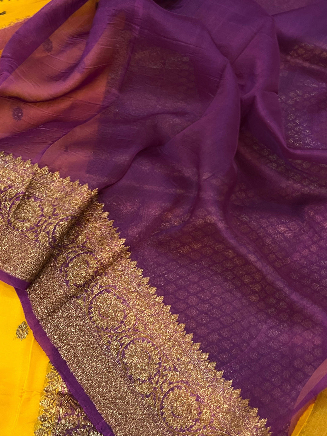 Mustard Yellow Banarasi Handloom Kora Silk Saree - Aura Benaras