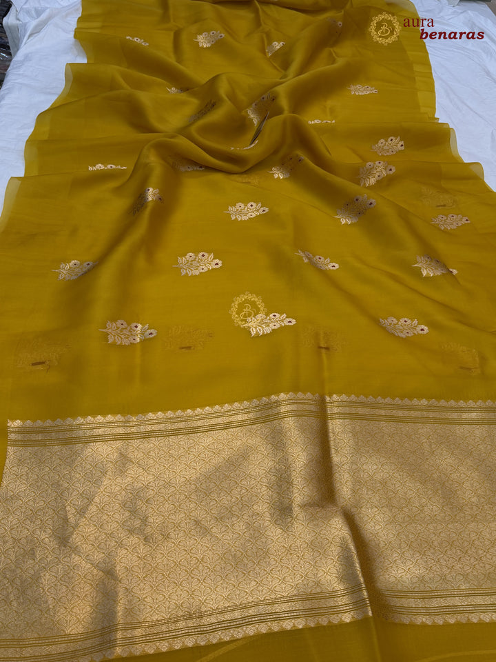 Mustard Yellow Pure Kora Silk Banarasi Saree with Kadhwa Meenakari Motifs