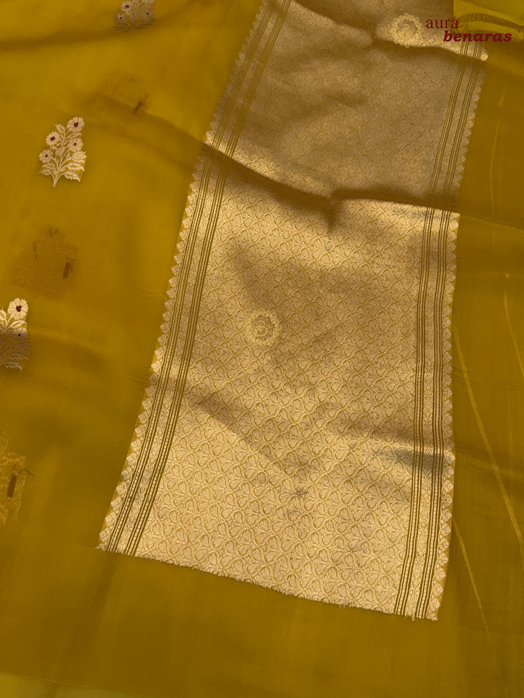 Mustard Yellow Pure Kora Silk Banarasi Saree with Kadhwa Meenakari Motifs