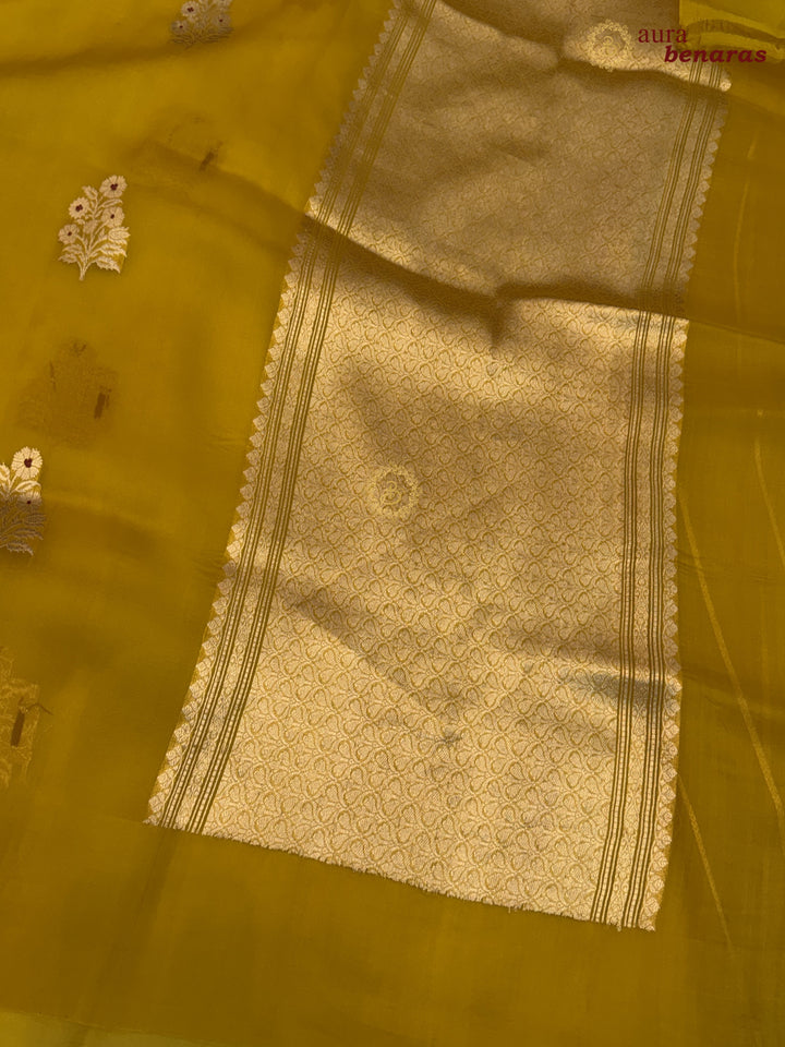 Mustard Yellow Pure Kora Silk Banarasi Saree with Kadhwa Meenakari Motifs