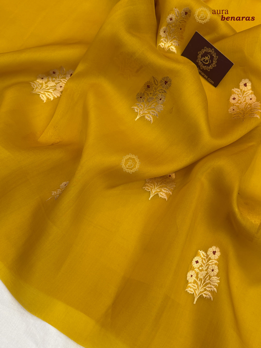 Mustard Yellow Pure Kora Silk Banarasi Saree with Kadhwa Meenakari Motifs