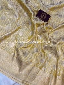 Creamish Yellow Pure Banarasi Handloom Katan Silk Saree - Aura Benaras