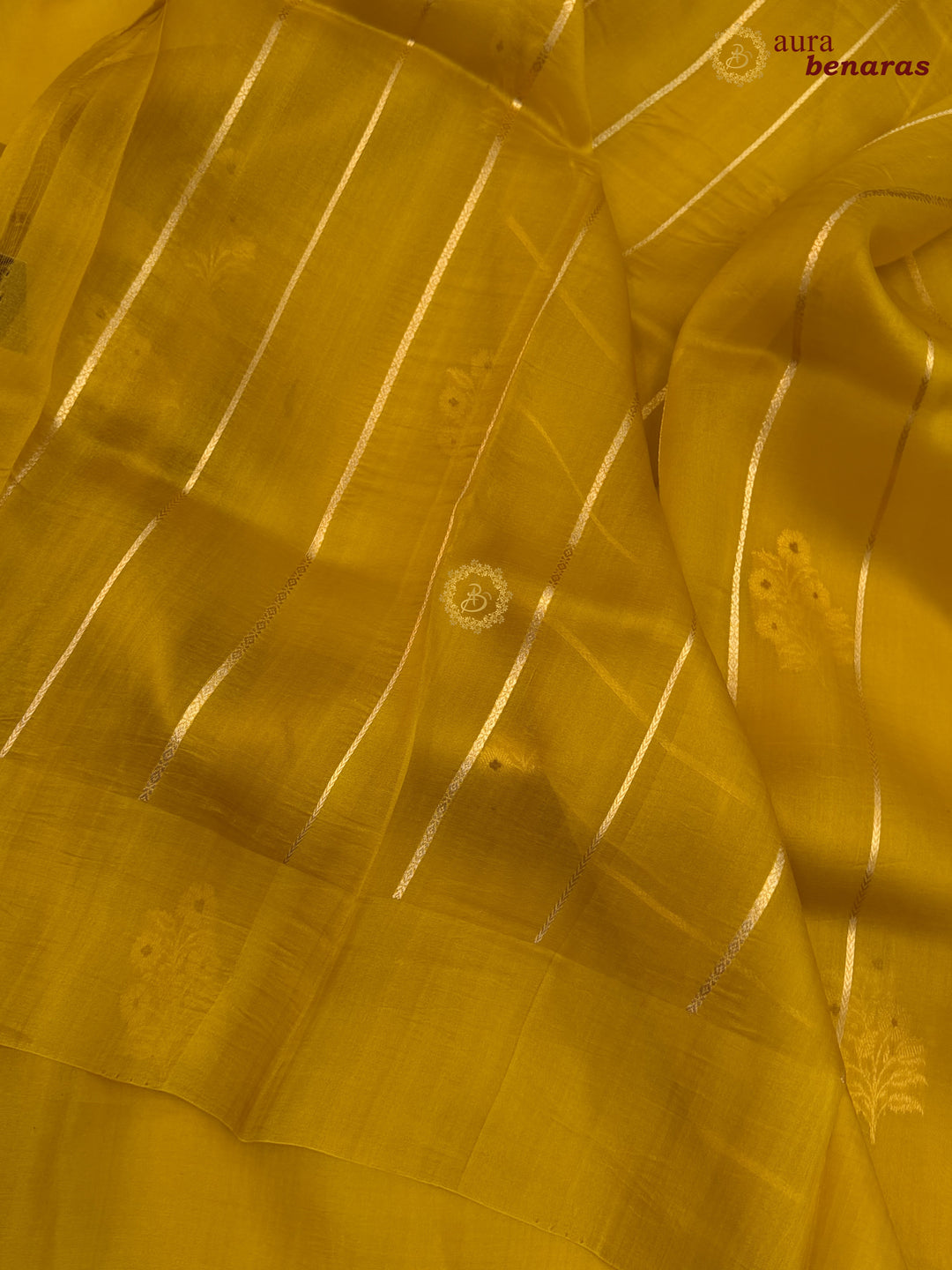 Mustard Yellow Pure Kora Silk Banarasi Saree with Kadhwa Meenakari Motifs