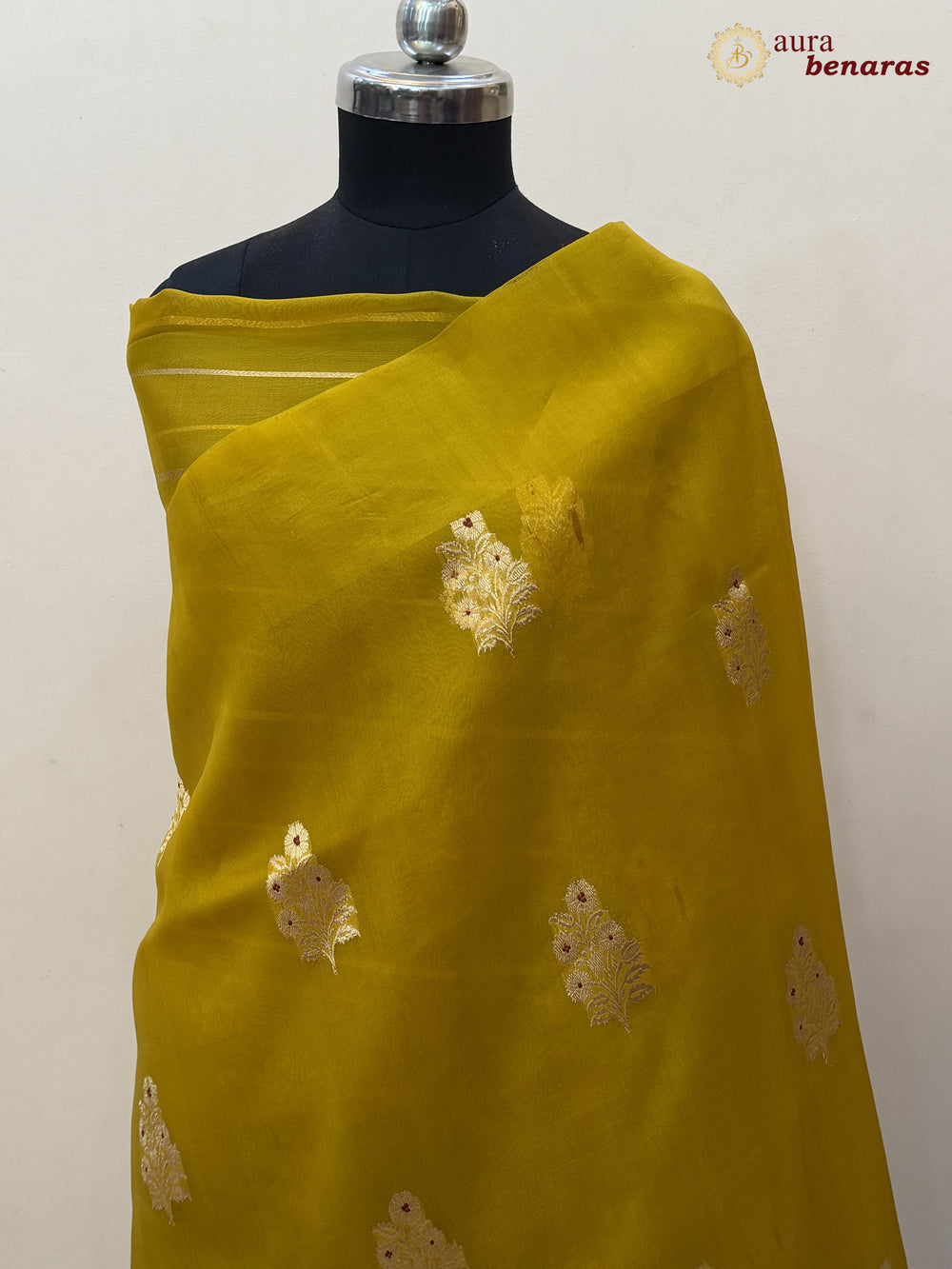 Mustard Yellow Pure Kora Silk Banarasi Saree with Kadhwa Meenakari Motifs