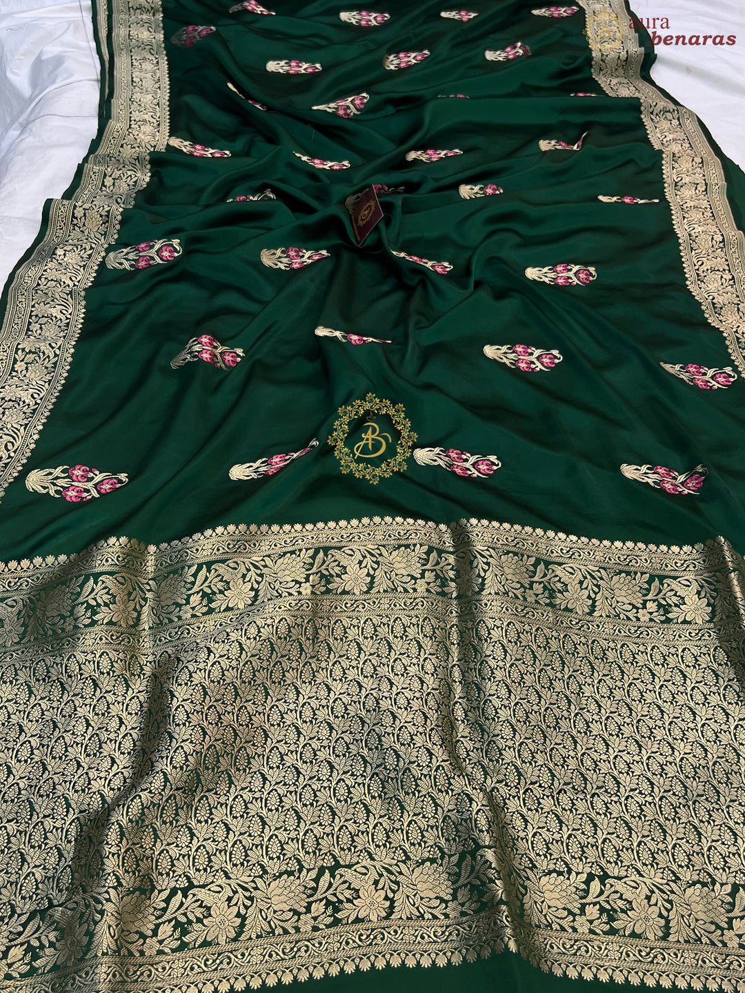 Bottle Green Pure Mashru Silk Handloom Banarasi Saree