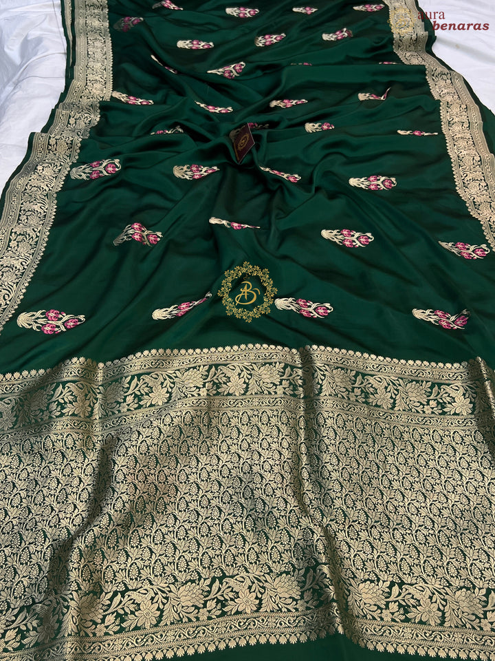 Bottle Green Pure Mashru Silk Handloom Banarasi Saree