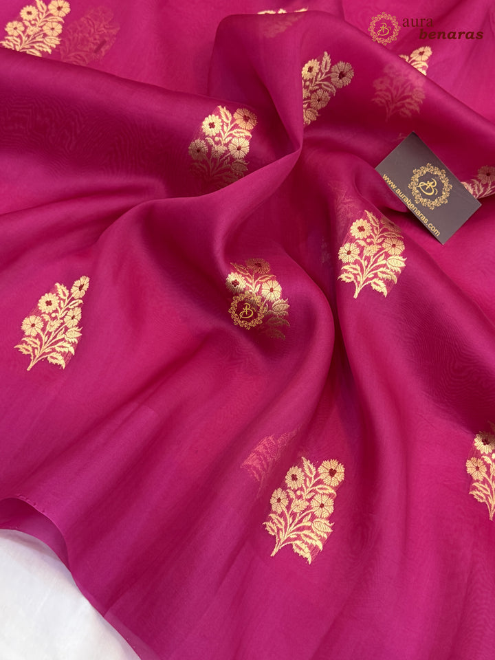 Rani Pink Pure Kora Silk Banarasi Saree with Kadhwa Meenakari Motifs