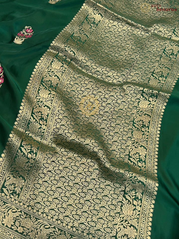 Bottle Green Pure Mashru Silk Handloom Banarasi Saree