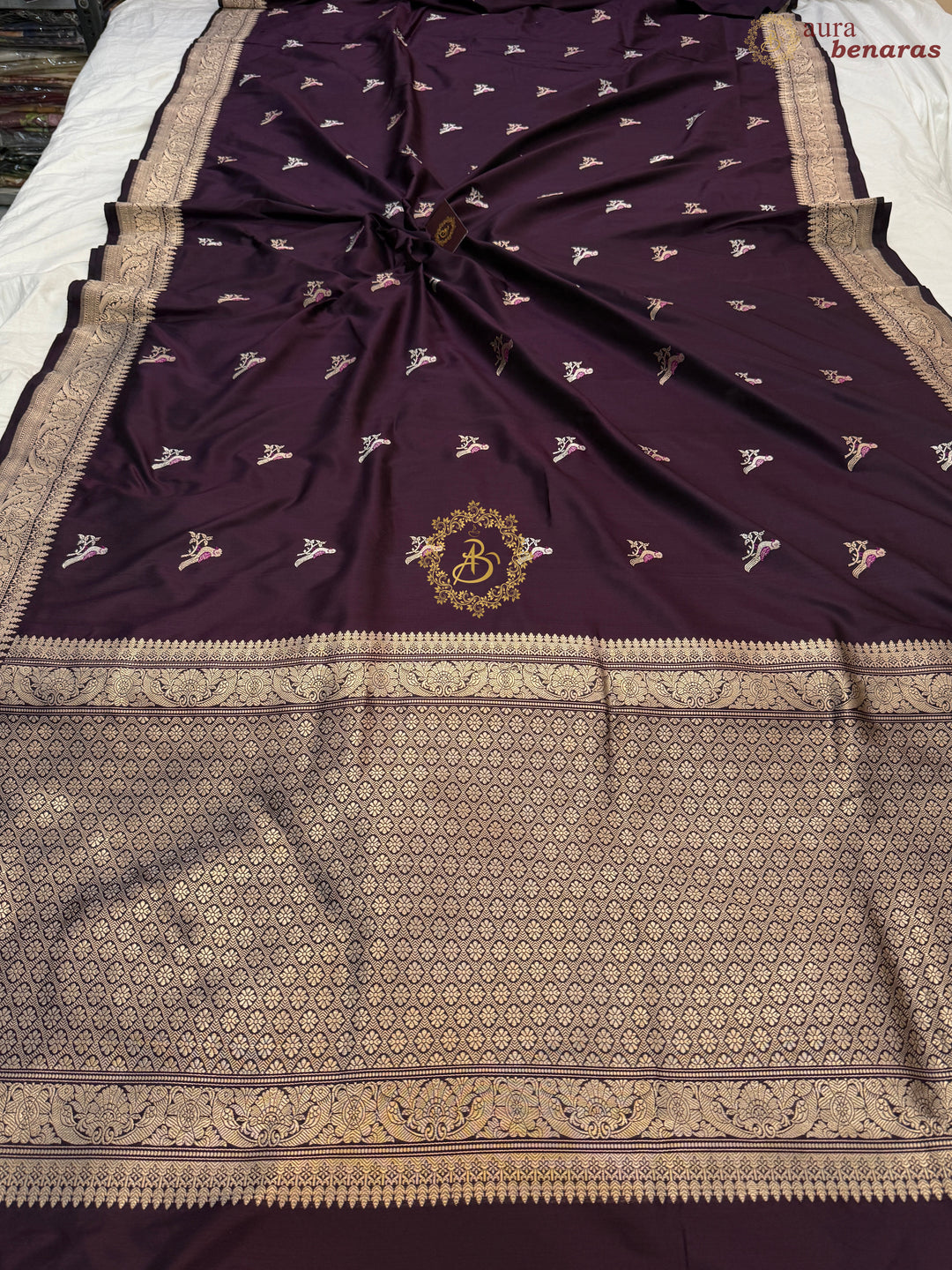 Wine Pure Katan Silk Handloom Banarasi Saree