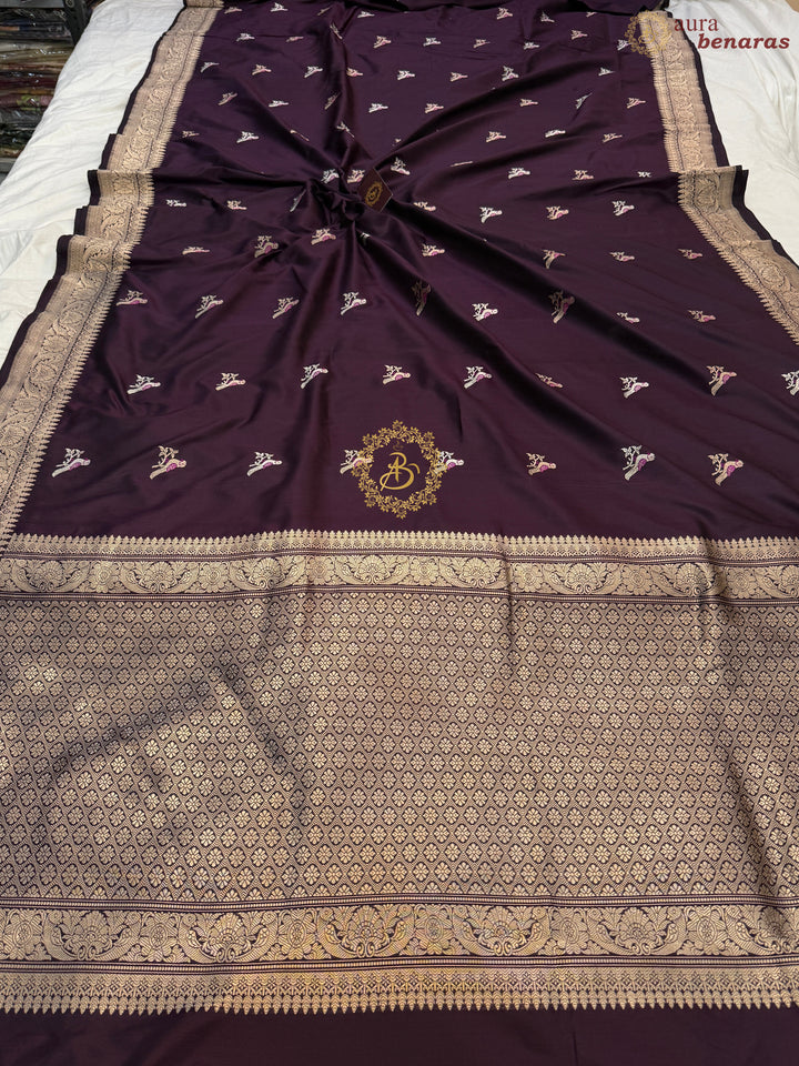 Wine Pure Katan Silk Handloom Banarasi Saree