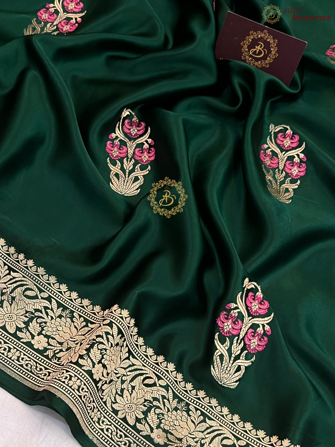 Bottle Green Pure Mashru Silk Handloom Banarasi Saree