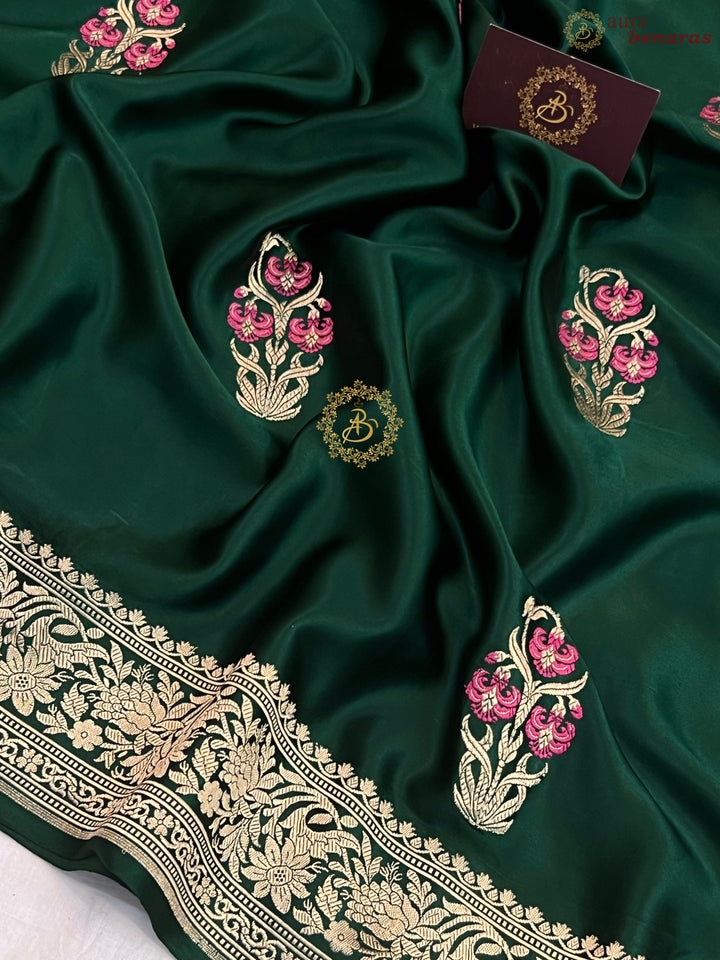 Bottle Green Pure Mashru Silk Handloom Banarasi Saree