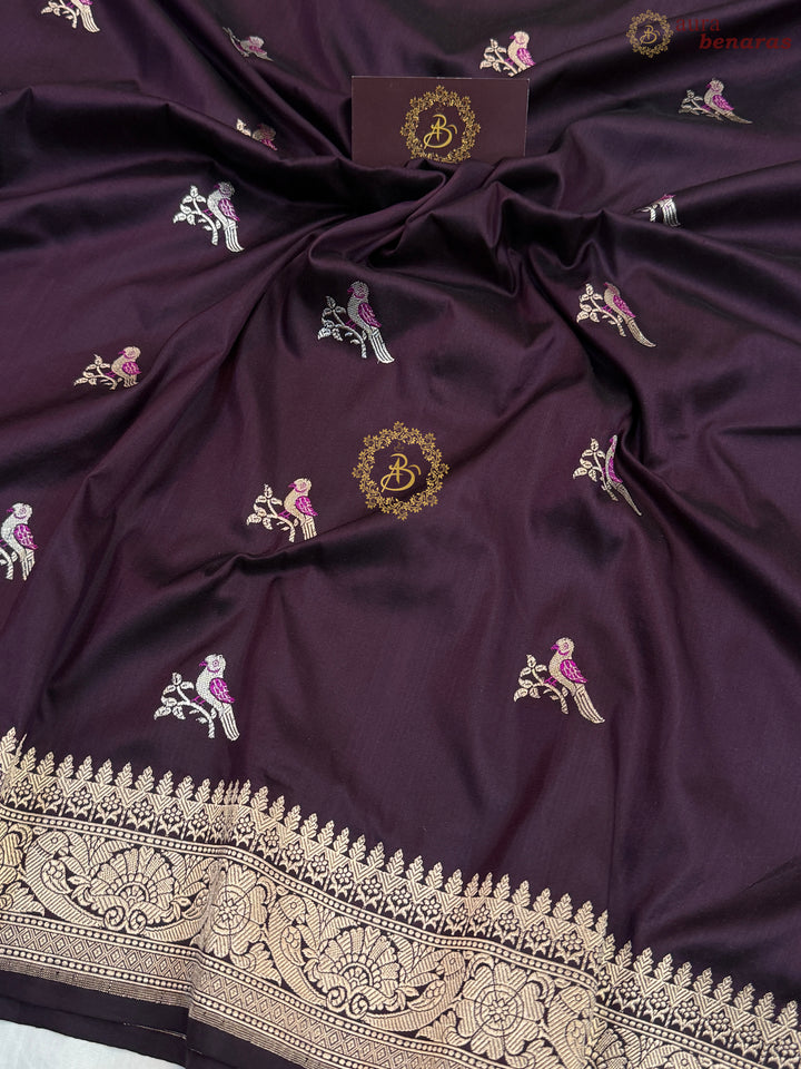 Wine Pure Katan Silk Handloom Banarasi Saree