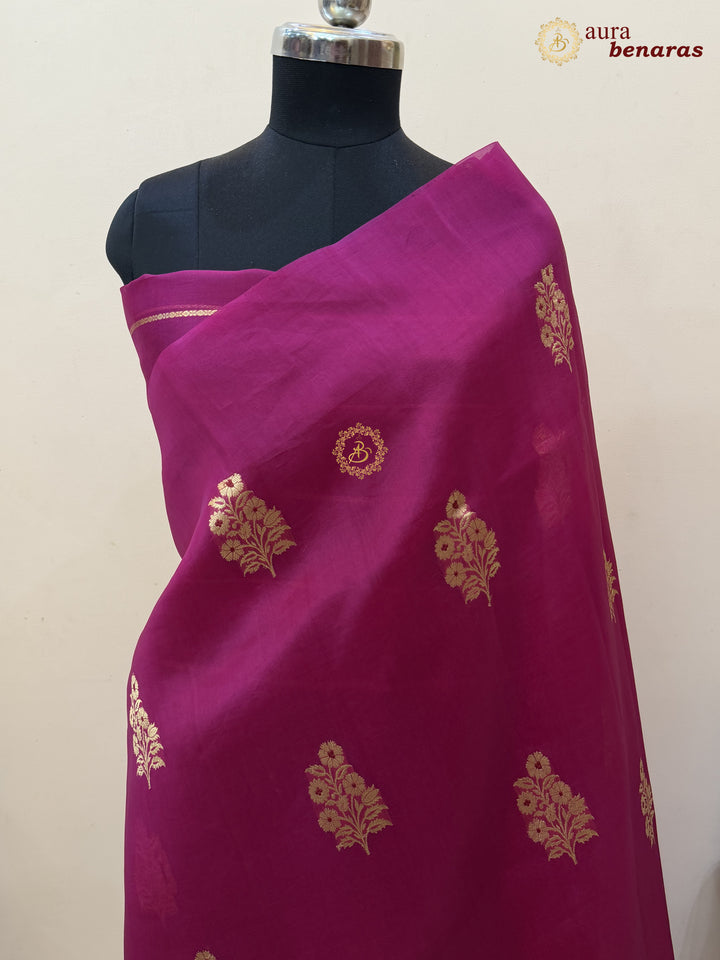 Rani Pink Pure Kora Silk Banarasi Saree with Kadhwa Meenakari Motifs