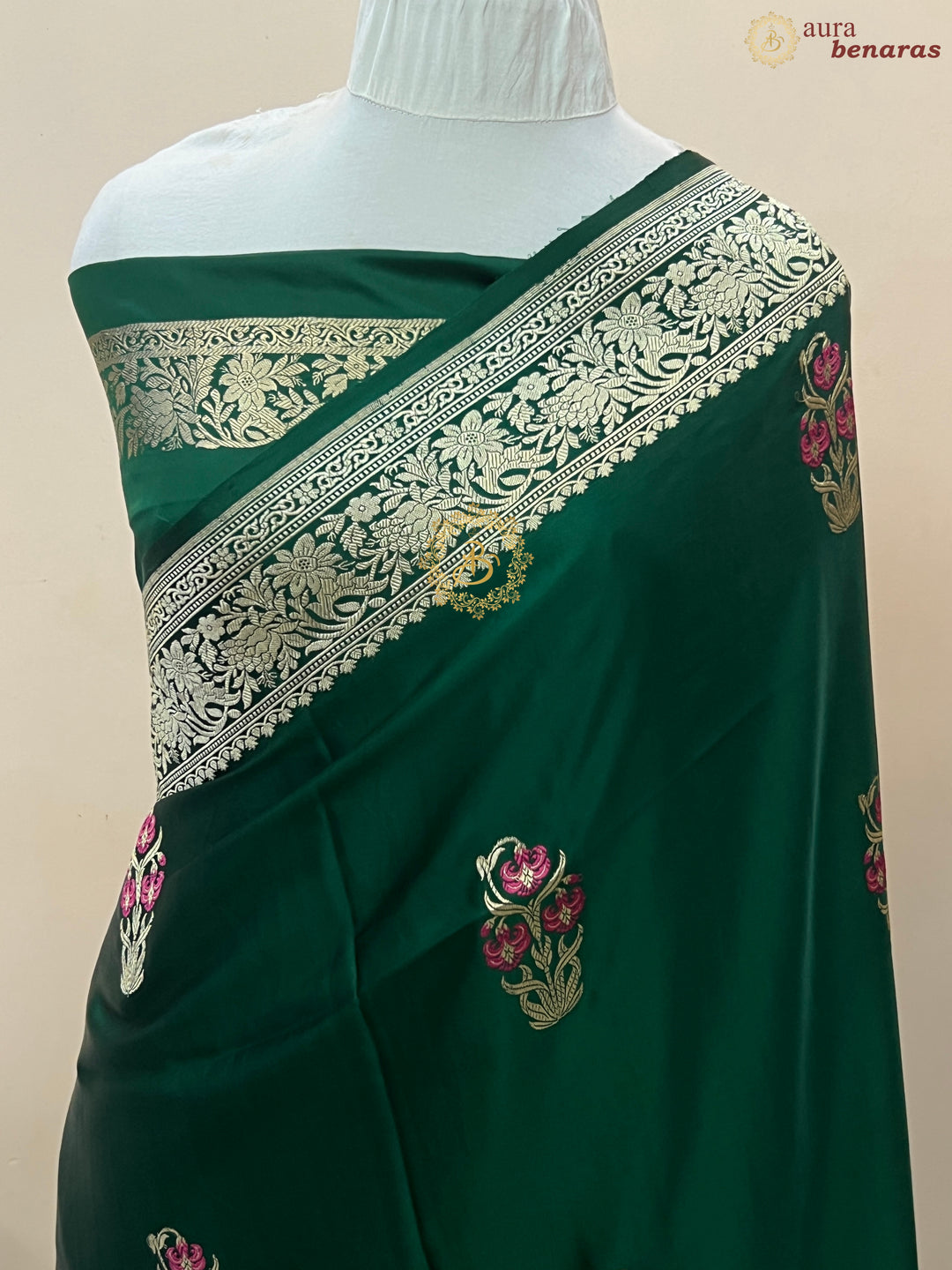 Bottle Green Pure Mashru Silk Handloom Banarasi Saree