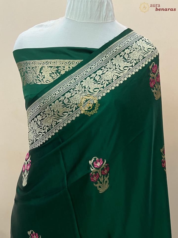 Bottle Green Pure Mashru Silk Handloom Banarasi Saree