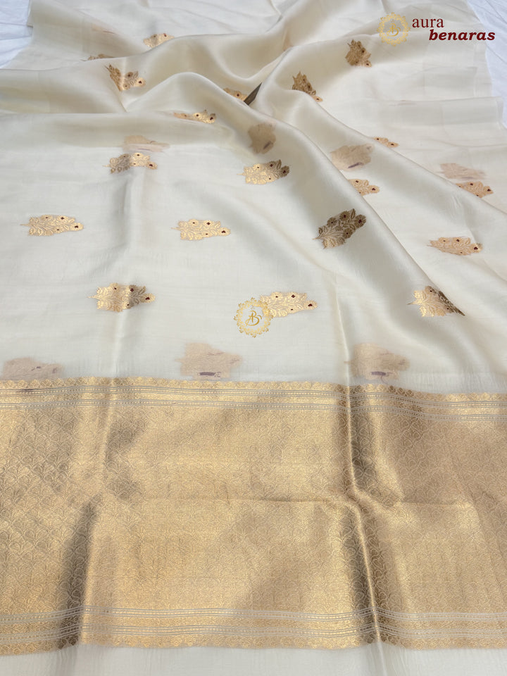 Cream Pure Kora Silk Banarasi Saree with Kadhwa Meenakari Motifs