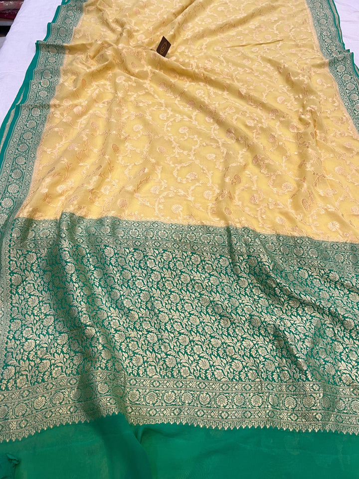 Pastel Yellow Banarasi Handloom Pure Khaddi Georgette Saree - Aura Benaras
