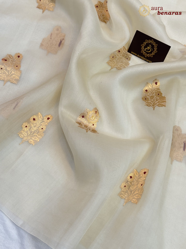 Cream Pure Kora Silk Banarasi Saree with Kadhwa Meenakari Motifs