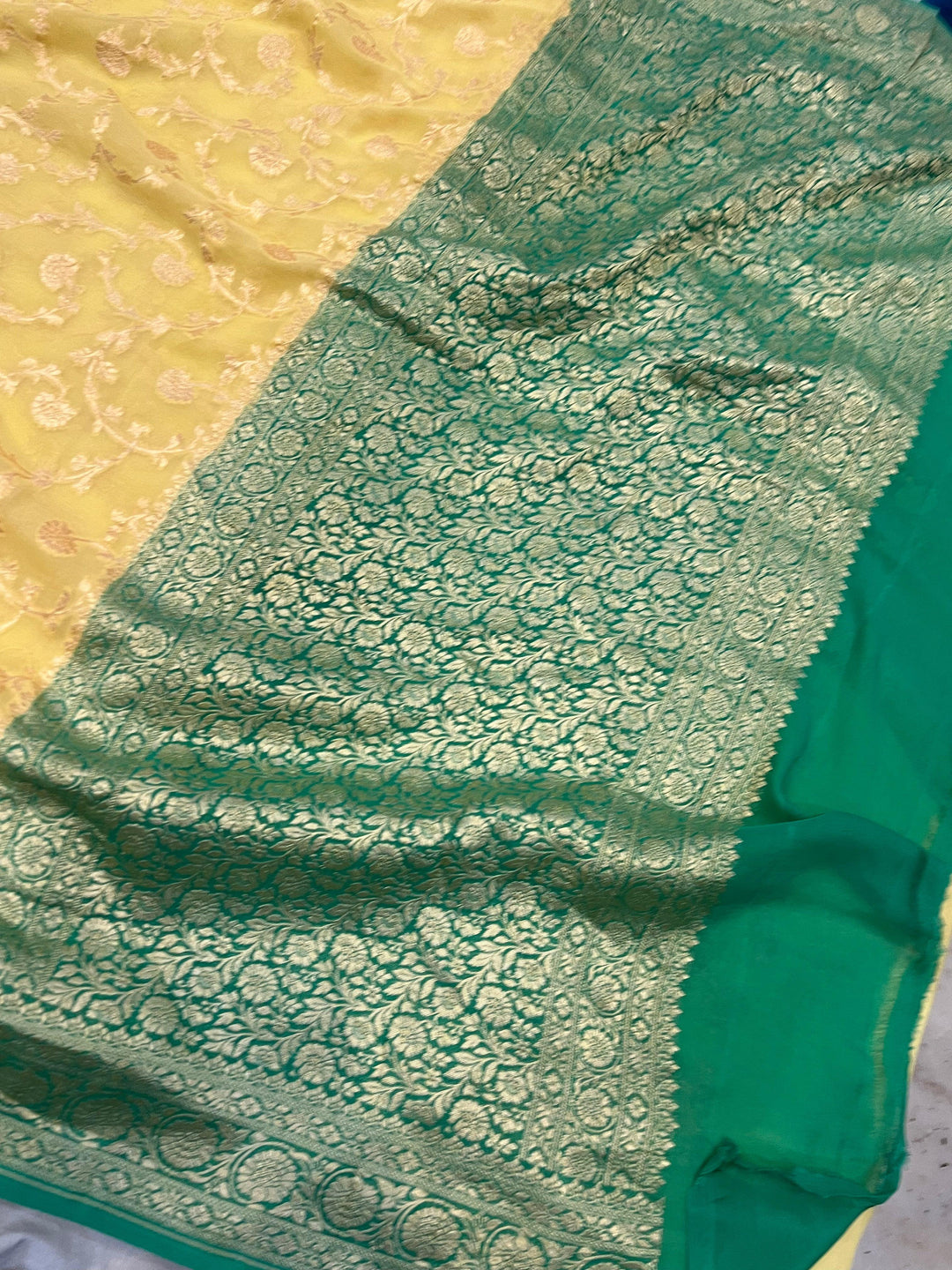 Pastel Yellow Banarasi Handloom Pure Khaddi Georgette Saree - Aura Benaras