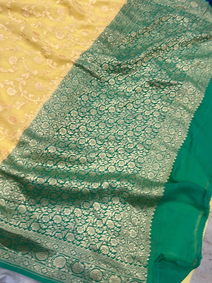 Pastel Yellow Banarasi Handloom Pure Khaddi Georgette Saree - Aura Benaras