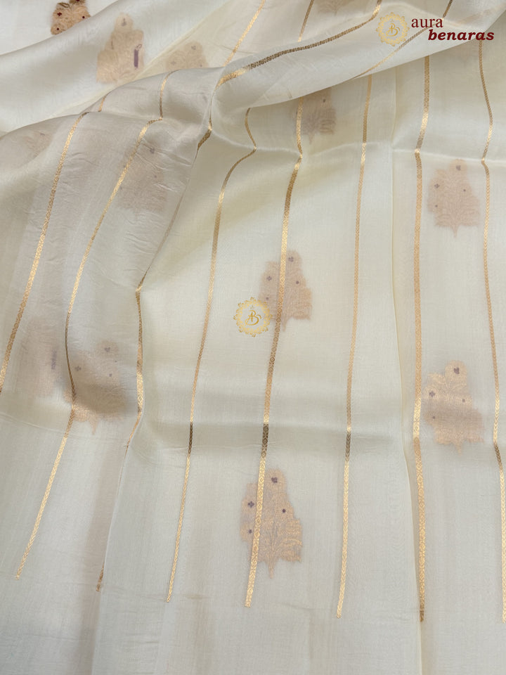 Cream Pure Kora Silk Banarasi Saree with Kadhwa Meenakari Motifs