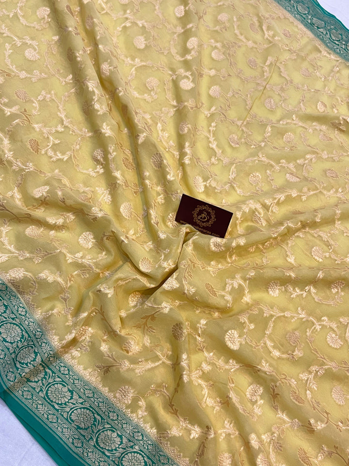 Pastel Yellow Banarasi Handloom Pure Khaddi Georgette Saree - Aura Benaras