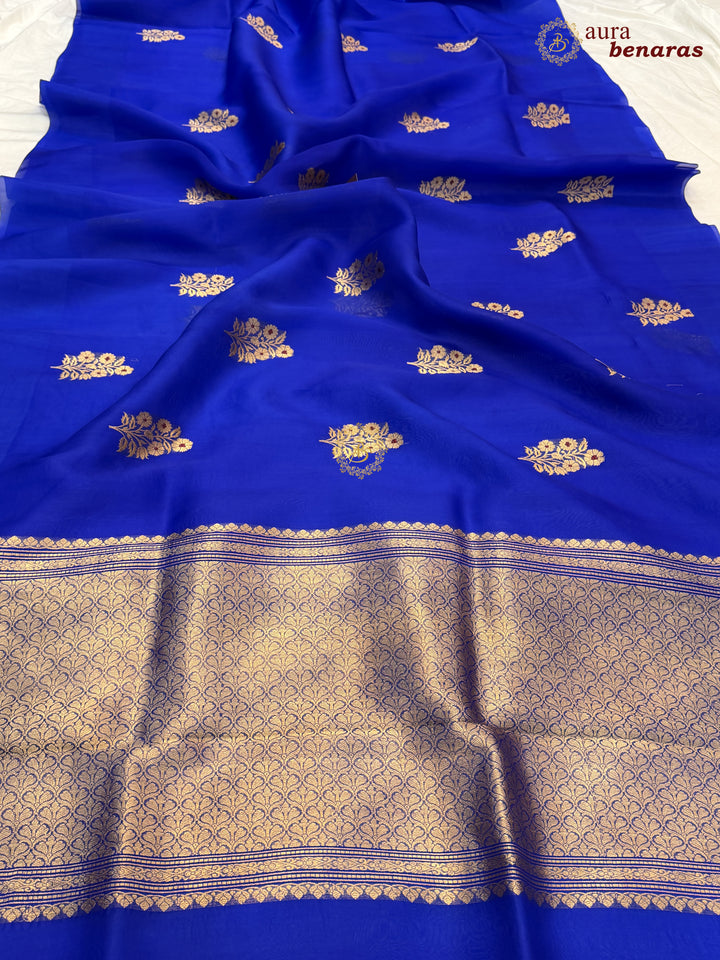 Royal Blue Pure Kora Silk Banarasi Saree with Kadhwa Meenakari Motifs