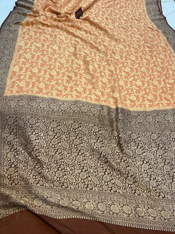 Dusty Peach Banarasi Handloom Pure Khaddi Georgette Saree - Aura Benaras