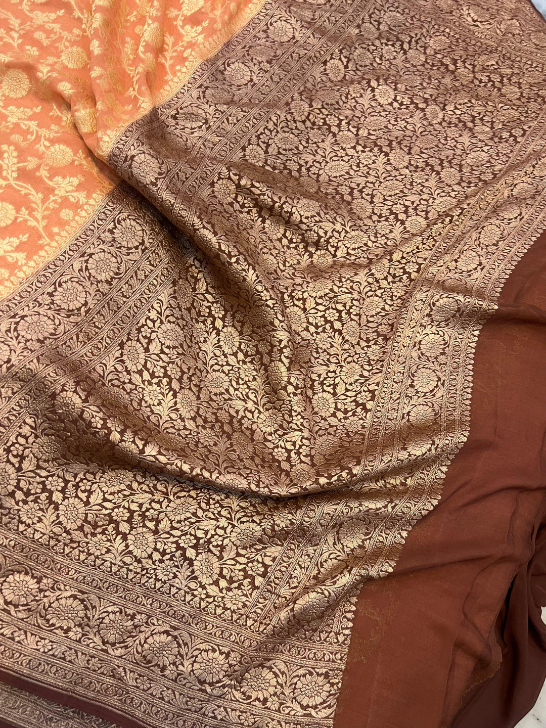 Dusty Peach Banarasi Handloom Pure Khaddi Georgette Saree - Aura Benaras