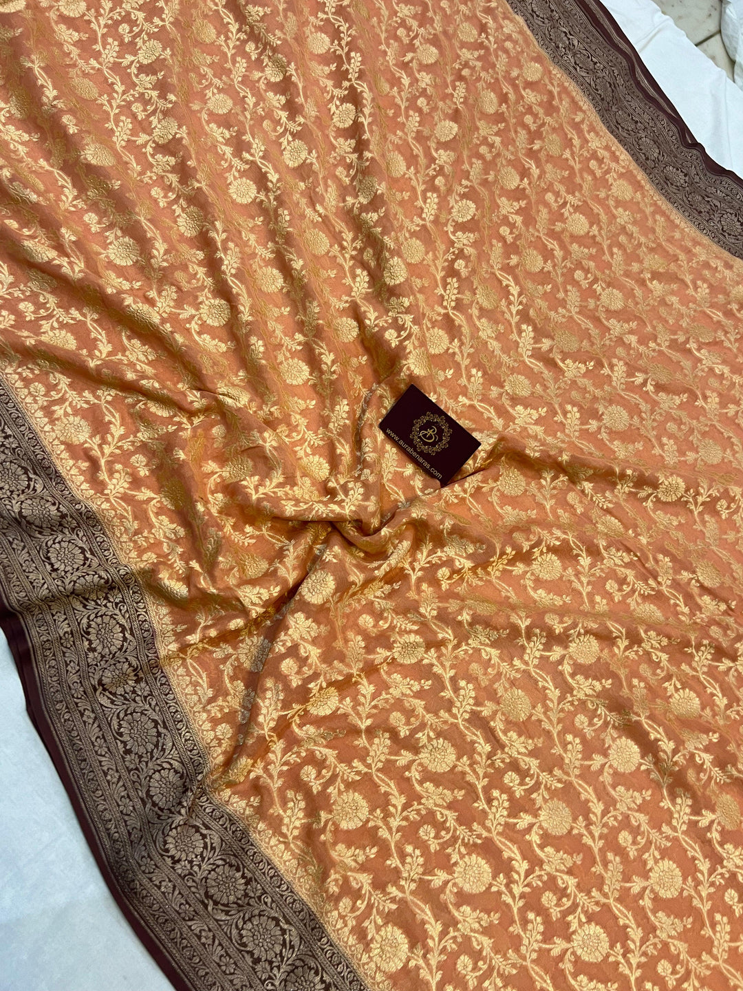 Dusty Peach Banarasi Handloom Pure Khaddi Georgette Saree - Aura Benaras