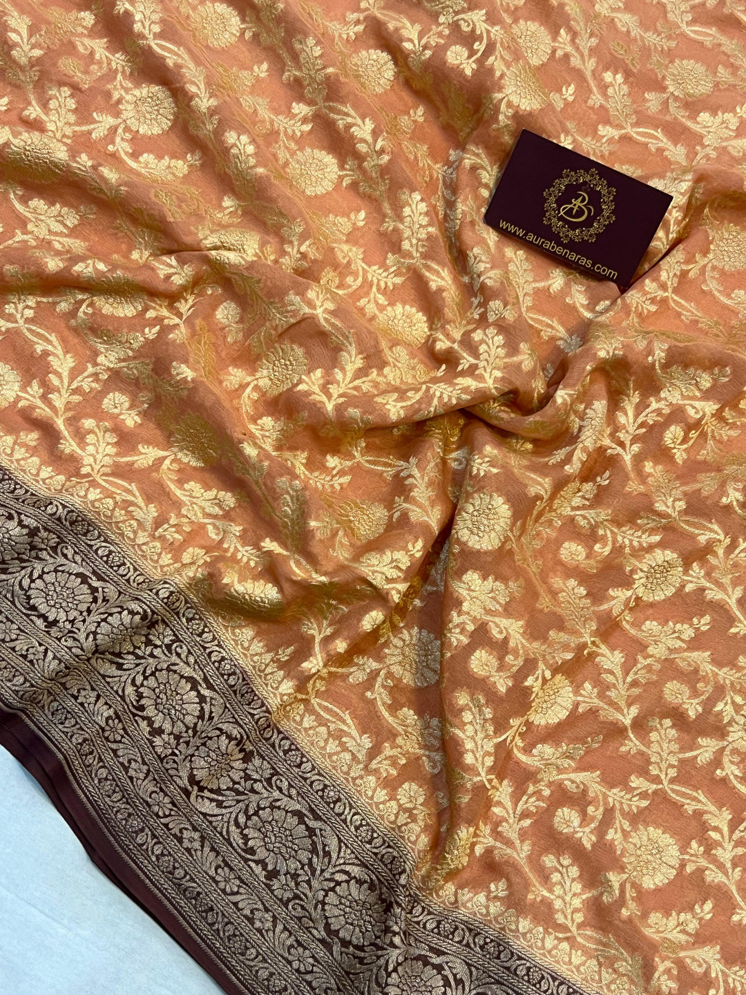 Dusty Peach Banarasi Handloom Pure Khaddi Georgette Saree - Aura Benaras