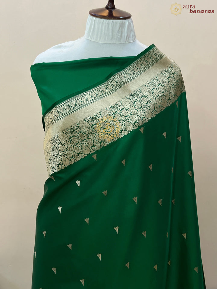 Dark Green Pure Banarasi Handloom Mashru Silk Saree