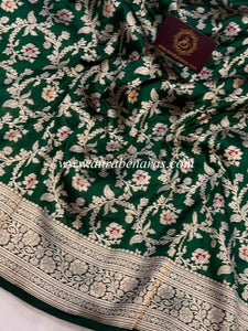 Bottle Green Pure Banarasi Handloom Katan Silk Saree - Aura Benaras